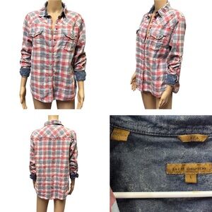 Jachs Girlfriend Bea Cotton Flannel Plaid Snap Up Roll Tab Long Sleeve Shirt L